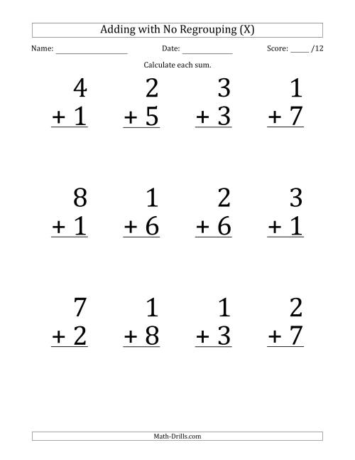 The 12 Single-Digit Addition Questions with No Regrouping (X) Math Worksheet