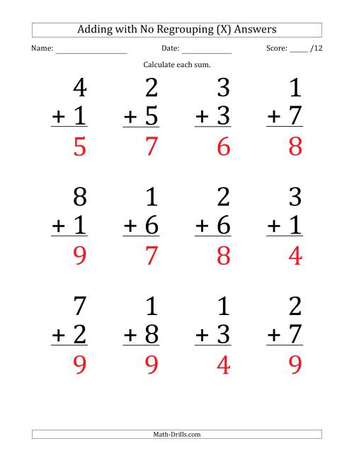 The 12 Single-Digit Addition Questions with No Regrouping (X) Math Worksheet Page 2