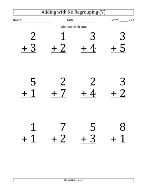 The 12 Single-Digit Addition Questions with No Regrouping (Y) Math Worksheet