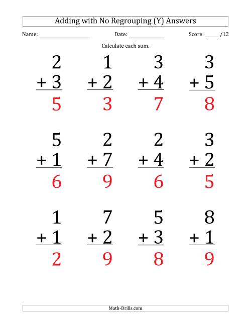 The 12 Single-Digit Addition Questions with No Regrouping (Y) Math Worksheet Page 2