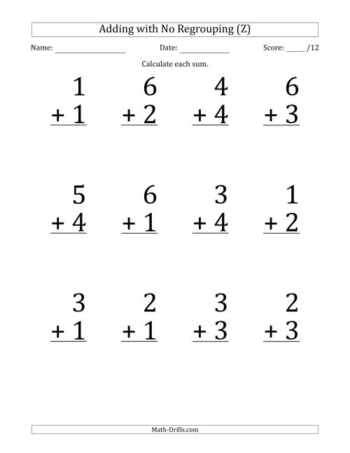 The 12 Single-Digit Addition Questions with No Regrouping (Z) Math Worksheet