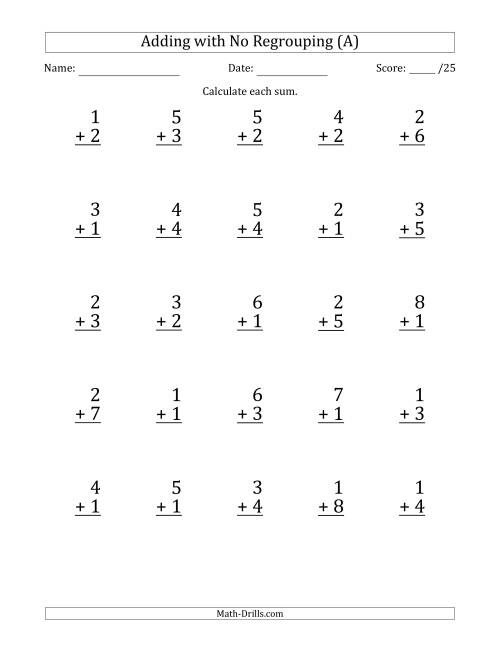 The 25 Single-Digit Addition Questions with No Regrouping (A) Math Worksheet