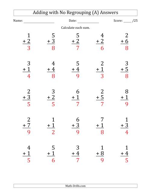 The 25 Single-Digit Addition Questions with No Regrouping (A) Math Worksheet Page 2
