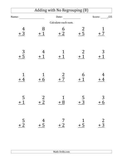 The 25 Single-Digit Addition Questions with No Regrouping (B) Math Worksheet