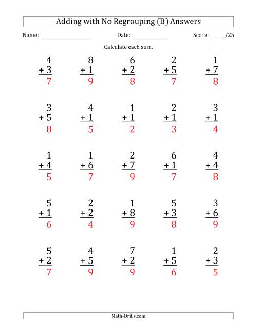 The 25 Single-Digit Addition Questions with No Regrouping (B) Math Worksheet Page 2