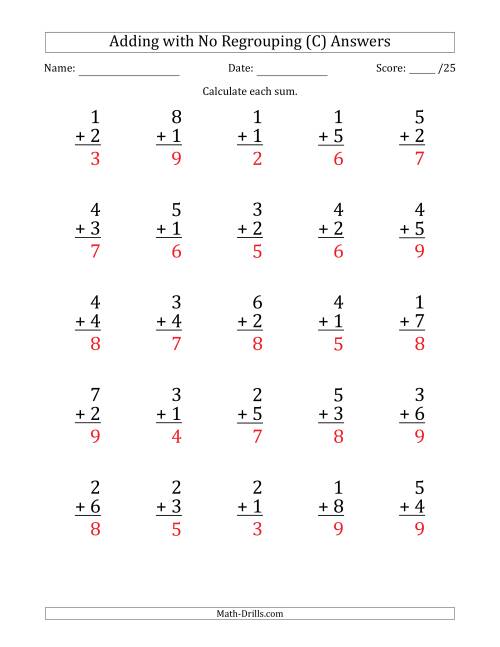 The 25 Single-Digit Addition Questions with No Regrouping (C) Math Worksheet Page 2