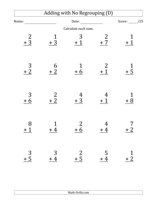 The 25 Single-Digit Addition Questions with No Regrouping (D) Math Worksheet
