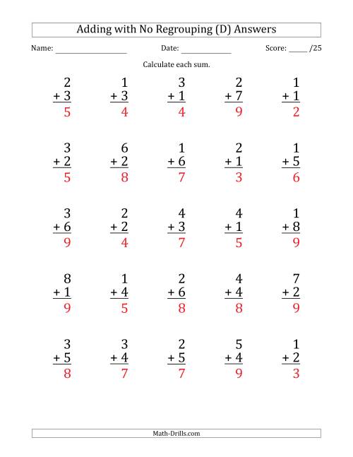 The 25 Single-Digit Addition Questions with No Regrouping (D) Math Worksheet Page 2