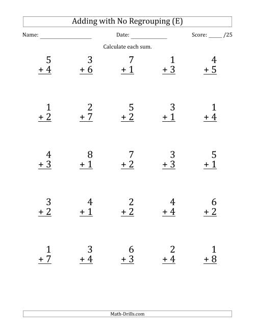 The 25 Single-Digit Addition Questions with No Regrouping (E) Math Worksheet