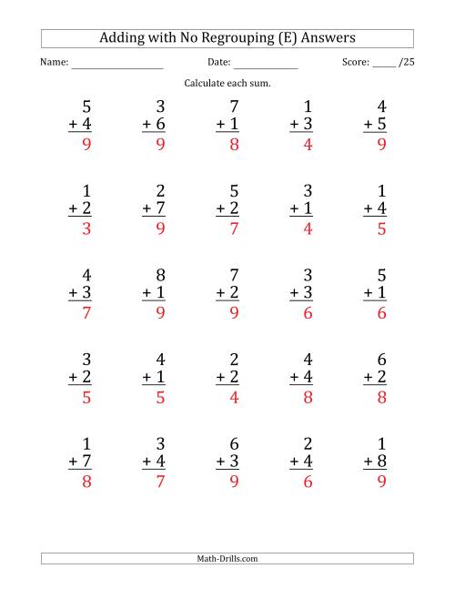 The 25 Single-Digit Addition Questions with No Regrouping (E) Math Worksheet Page 2