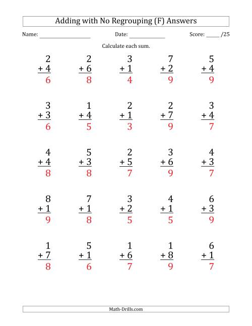 The 25 Single-Digit Addition Questions with No Regrouping (F) Math Worksheet Page 2