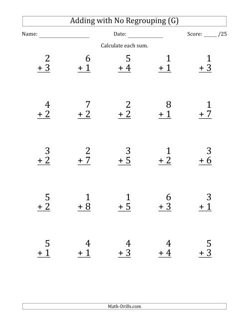 The 25 Single-Digit Addition Questions with No Regrouping (G) Math Worksheet