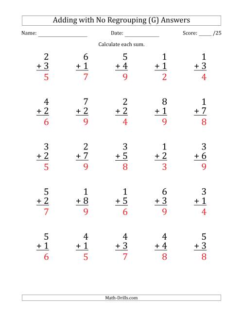 The 25 Single-Digit Addition Questions with No Regrouping (G) Math Worksheet Page 2