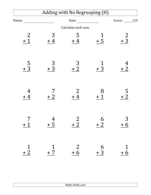 The 25 Single-Digit Addition Questions with No Regrouping (H) Math Worksheet
