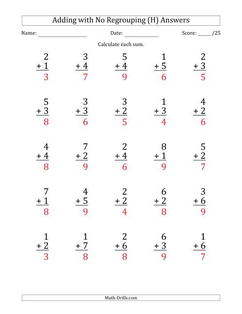 The 25 Single-Digit Addition Questions with No Regrouping (H) Math Worksheet Page 2