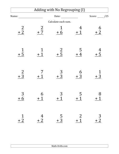 The 25 Single-Digit Addition Questions with No Regrouping (I) Math Worksheet