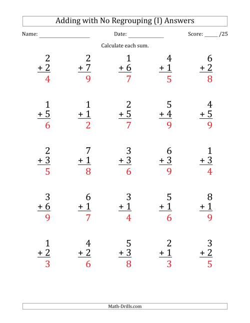 The 25 Single-Digit Addition Questions with No Regrouping (I) Math Worksheet Page 2