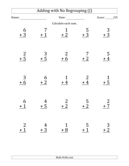 The 25 Single-Digit Addition Questions with No Regrouping (J) Math Worksheet