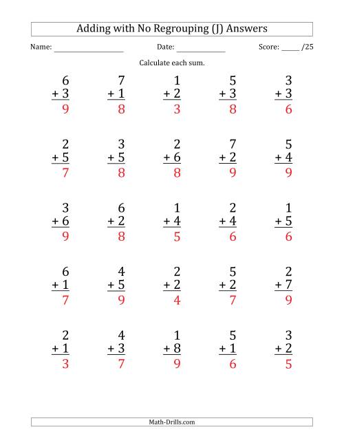 The 25 Single-Digit Addition Questions with No Regrouping (J) Math Worksheet Page 2