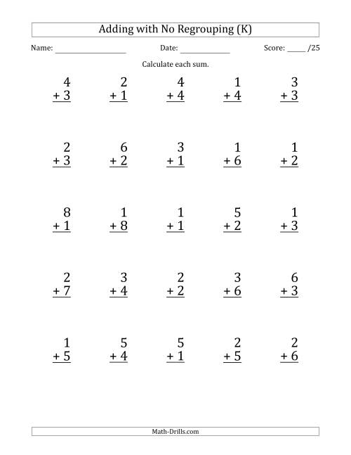 The 25 Single-Digit Addition Questions with No Regrouping (K) Math Worksheet