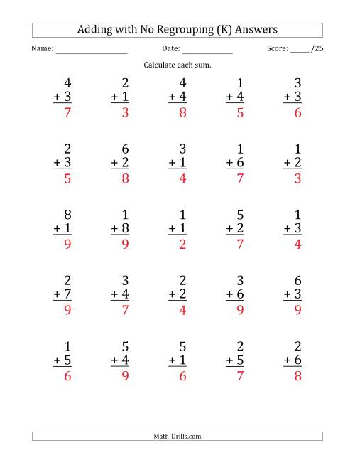 The 25 Single-Digit Addition Questions with No Regrouping (K) Math Worksheet Page 2