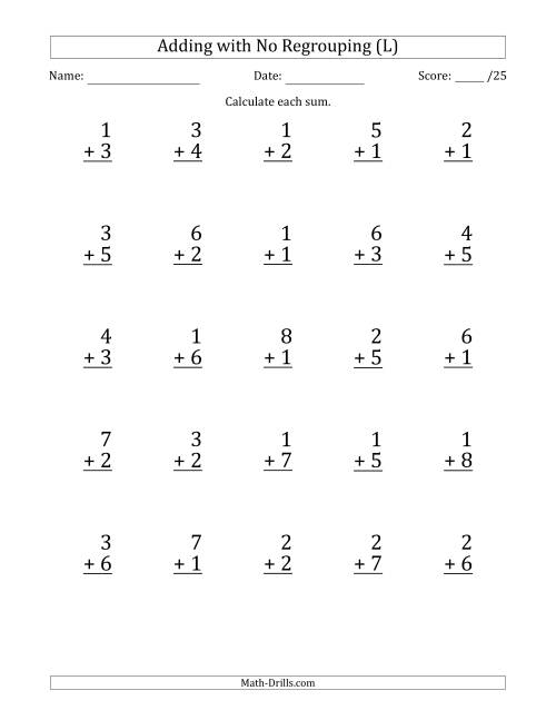 The 25 Single-Digit Addition Questions with No Regrouping (L) Math Worksheet