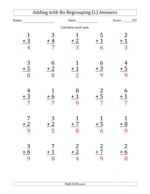 The 25 Single-Digit Addition Questions with No Regrouping (L) Math Worksheet Page 2
