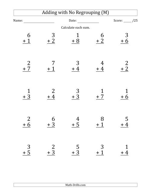 The 25 Single-Digit Addition Questions with No Regrouping (M) Math Worksheet