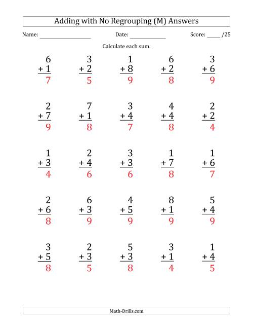 The 25 Single-Digit Addition Questions with No Regrouping (M) Math Worksheet Page 2