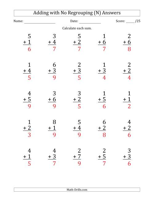 The 25 Single-Digit Addition Questions with No Regrouping (N) Math Worksheet Page 2