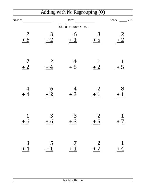 The 25 Single-Digit Addition Questions with No Regrouping (O) Math Worksheet