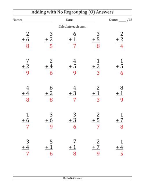 The 25 Single-Digit Addition Questions with No Regrouping (O) Math Worksheet Page 2