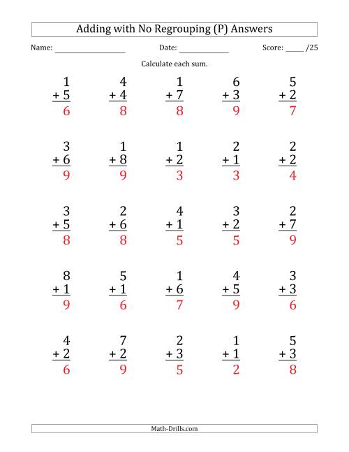 The 25 Single-Digit Addition Questions with No Regrouping (P) Math Worksheet Page 2