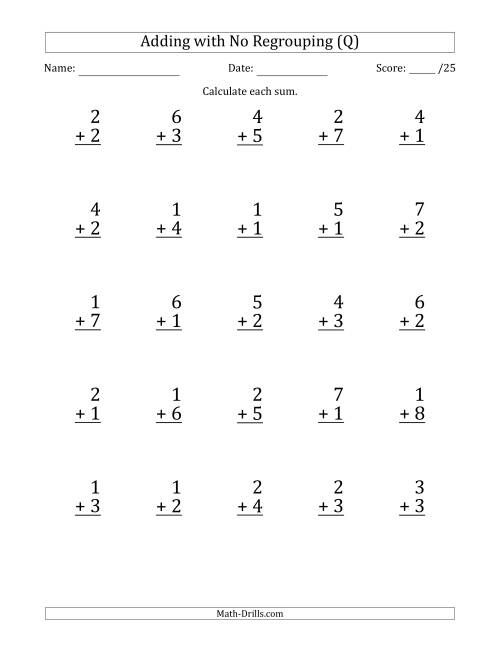 The 25 Single-Digit Addition Questions with No Regrouping (Q) Math Worksheet
