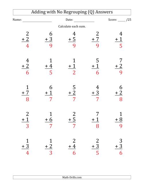 The 25 Single-Digit Addition Questions with No Regrouping (Q) Math Worksheet Page 2