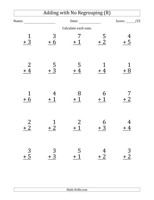 The 25 Single-Digit Addition Questions with No Regrouping (R) Math Worksheet