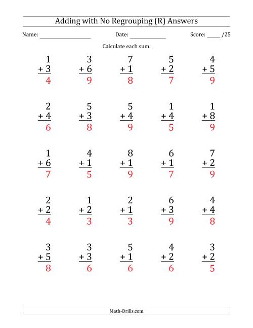 The 25 Single-Digit Addition Questions with No Regrouping (R) Math Worksheet Page 2