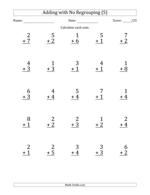 The 25 Single-Digit Addition Questions with No Regrouping (S) Math Worksheet