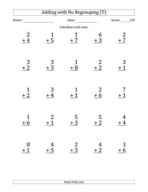 The 25 Single-Digit Addition Questions with No Regrouping (T) Math Worksheet