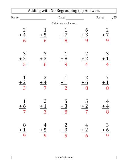 The 25 Single-Digit Addition Questions with No Regrouping (T) Math Worksheet Page 2