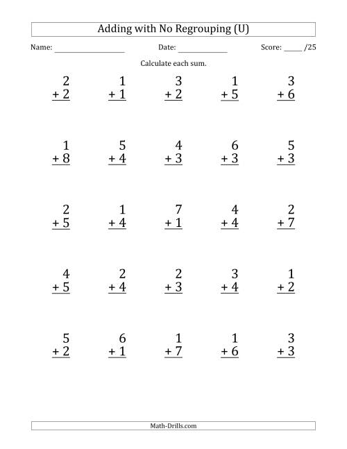 The 25 Single-Digit Addition Questions with No Regrouping (U) Math Worksheet