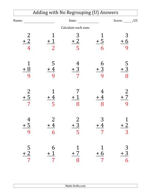 The 25 Single-Digit Addition Questions with No Regrouping (U) Math Worksheet Page 2