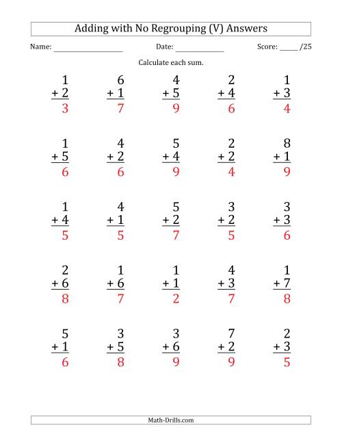The 25 Single-Digit Addition Questions with No Regrouping (V) Math Worksheet Page 2