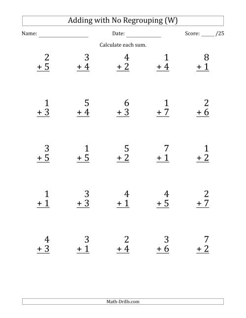 The 25 Single-Digit Addition Questions with No Regrouping (W) Math Worksheet