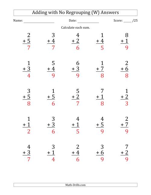 The 25 Single-Digit Addition Questions with No Regrouping (W) Math Worksheet Page 2