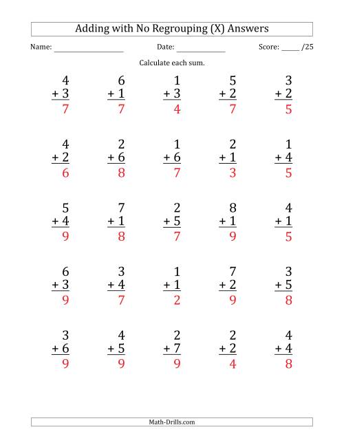 The 25 Single-Digit Addition Questions with No Regrouping (X) Math Worksheet Page 2