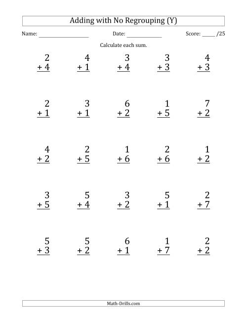 The 25 Single-Digit Addition Questions with No Regrouping (Y) Math Worksheet