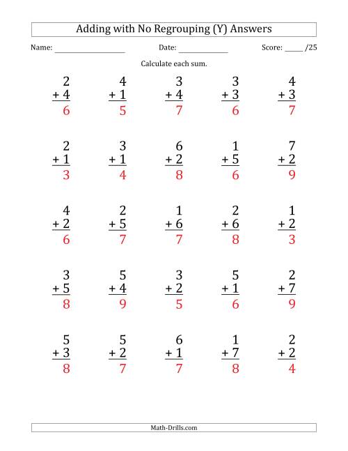 The 25 Single-Digit Addition Questions with No Regrouping (Y) Math Worksheet Page 2