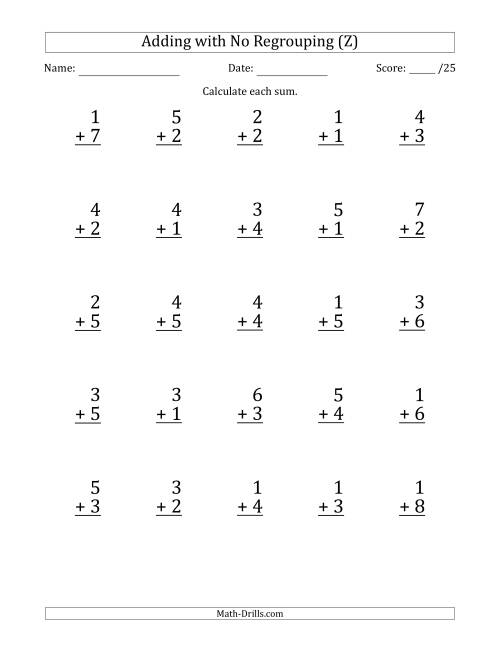 The 25 Single-Digit Addition Questions with No Regrouping (Z) Math Worksheet
