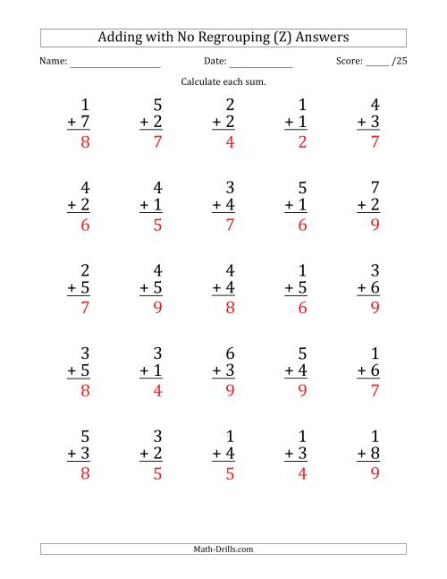 The 25 Single-Digit Addition Questions with No Regrouping (Z) Math Worksheet Page 2